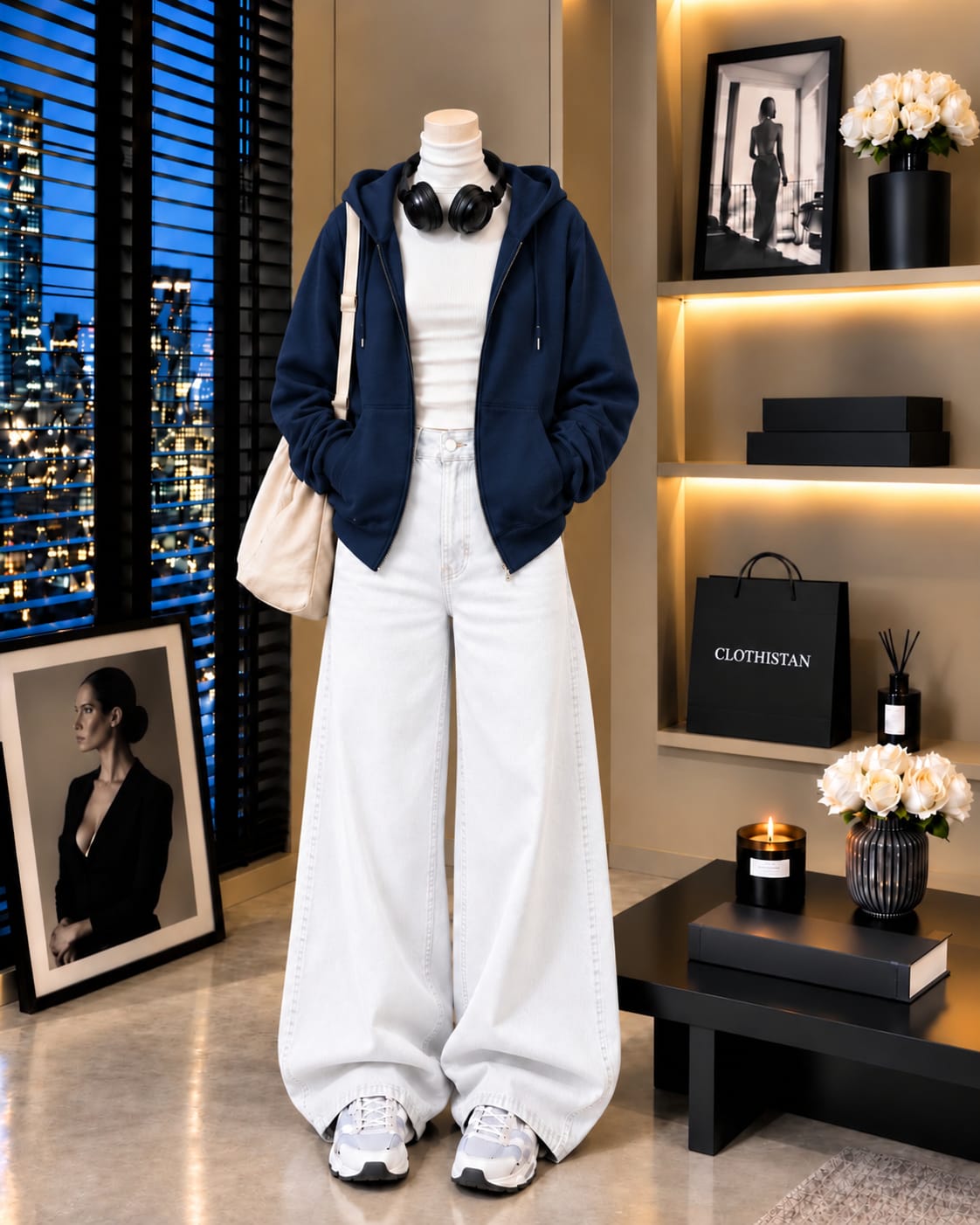 Zipper Hoodie, White Rib Net Highneck & White Wide-Leg Jeans as Pack of Threes