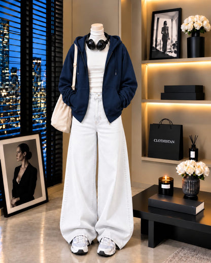 Zipper Hoodie, White Rib Net Highneck & White Wide-Leg Jeans as Pack of Threes