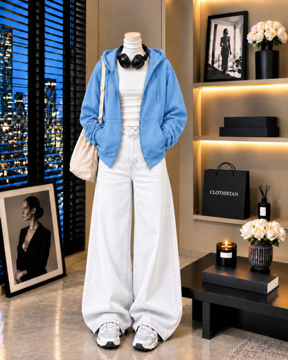 Zipper Hoodie, White Rib Net Highneck & White Wide-Leg Jeans as Pack of Threes