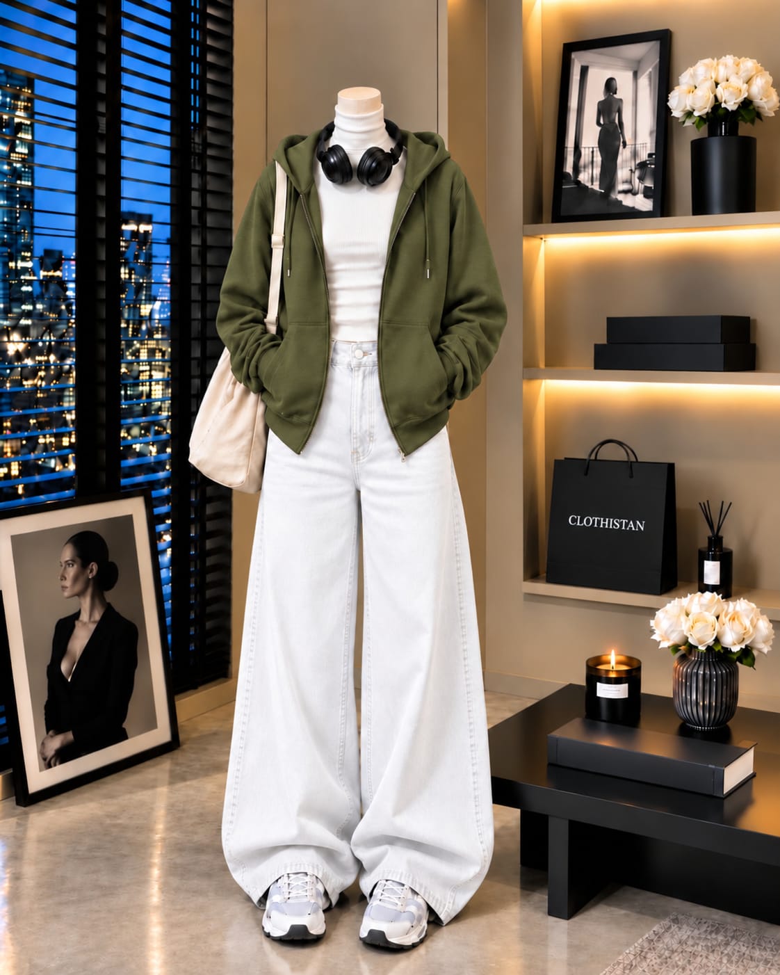 Zipper Hoodie, White Rib Net Highneck & White Wide-Leg Jeans as Pack of Threes