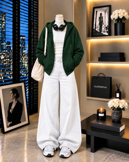 Zipper Hoodie, White Rib Net Highneck & White Wide-Leg Jeans as Pack of Threes