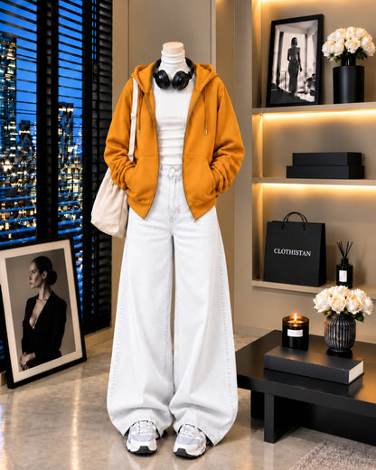 Zipper Hoodie, White Rib Net Highneck & White Wide-Leg Jeans as Pack of Threes