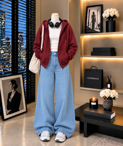 Zipper Hoodie, White Rib Net Highneck & Sky blue Wide-Leg Jeans as Pack of Threes