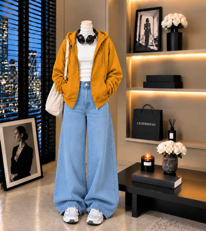 Zipper Hoodie, White Rib Net Highneck & Sky blue Wide-Leg Jeans as Pack of Threes
