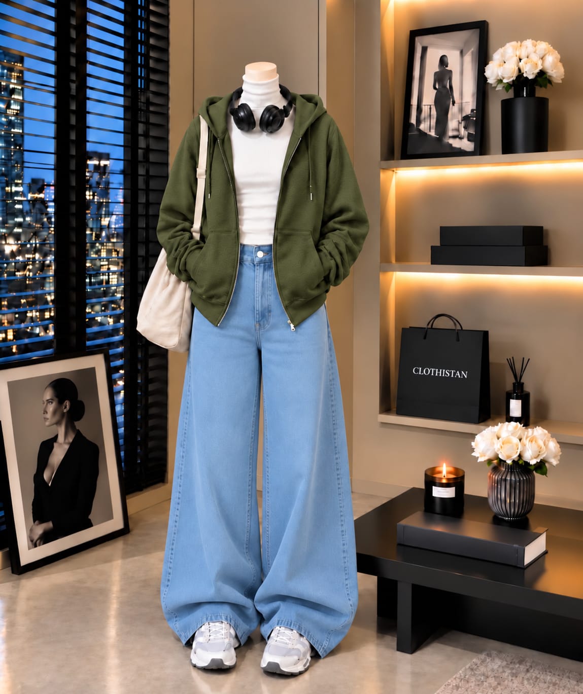Zipper Hoodie, White Rib Net Highneck & Sky blue Wide-Leg Jeans as Pack of Threes