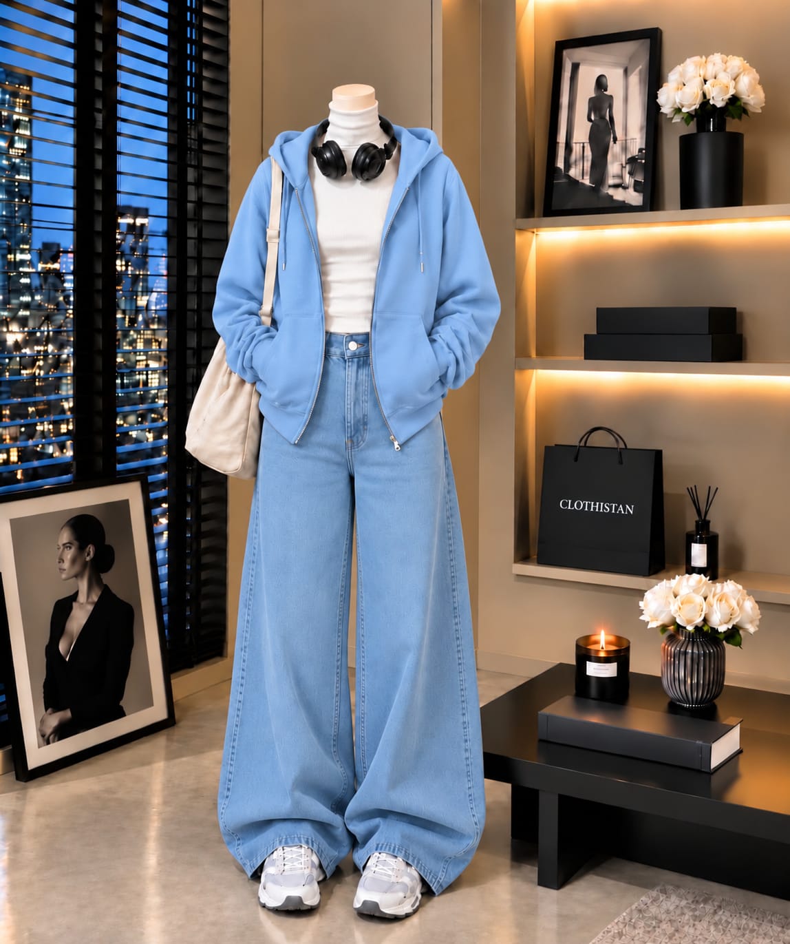 Zipper Hoodie, White Rib Net Highneck & Sky blue Wide-Leg Jeans as Pack of Threes