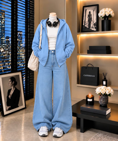 Zipper Hoodie, White Rib Net Highneck & Sky blue Wide-Leg Jeans as Pack of Threes