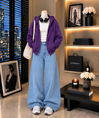 Zipper Hoodie, White Rib Net Highneck & Sky blue Wide-Leg Jeans as Pack of Threes