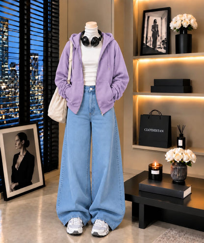 Zipper Hoodie, White Rib Net Highneck & Sky blue Wide-Leg Jeans as Pack of Threes