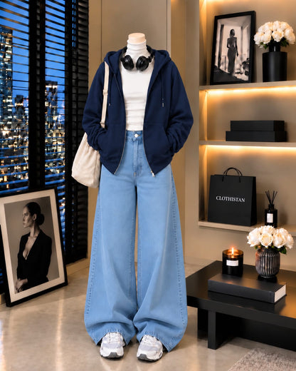 Zipper Hoodie, White Rib Net Highneck & Sky blue Wide-Leg Jeans as Pack of Threes
