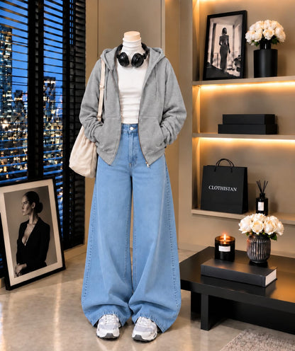 Zipper Hoodie, White Rib Net Highneck & Sky blue Wide-Leg Jeans as Pack of Threes
