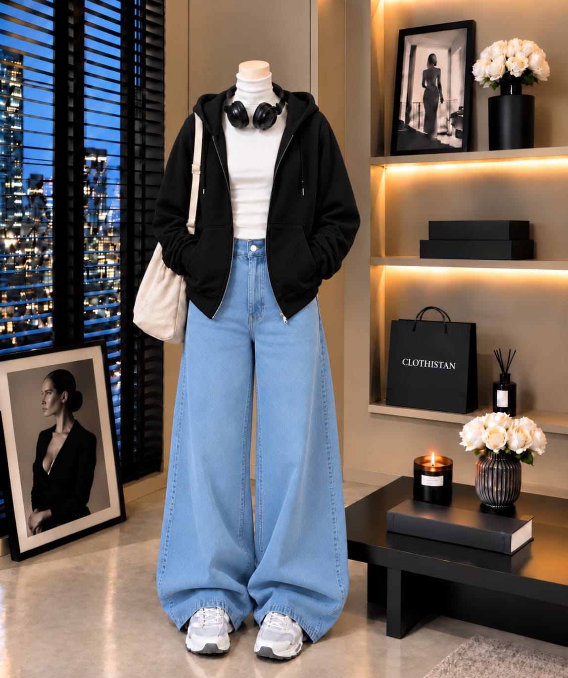 Zipper Hoodie, White Rib Net Highneck & Sky blue Wide-Leg Jeans as Pack of Threes