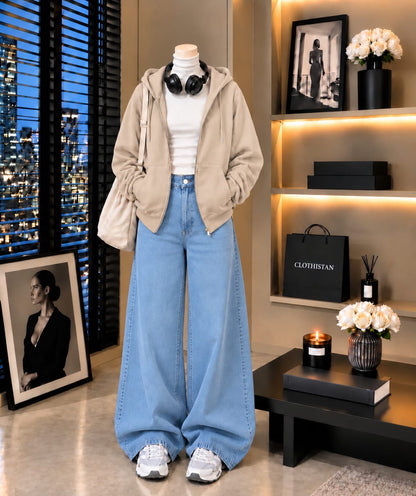 Zipper Hoodie, White Rib Net Highneck & Sky blue Wide-Leg Jeans as Pack of Threes