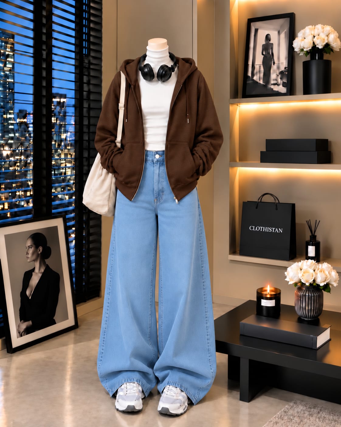 Zipper Hoodie, White Rib Net Highneck & Sky blue Wide-Leg Jeans as Pack of Threes