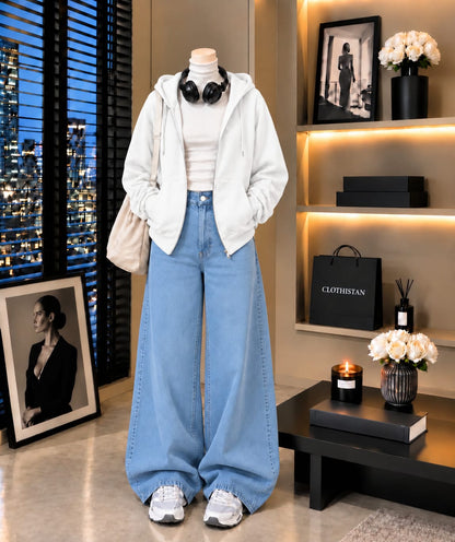 Zipper Hoodie, White Rib Net Highneck & Sky blue Wide-Leg Jeans as Pack of Threes