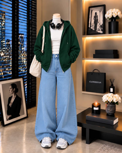 Zipper Hoodie, White Rib Net Highneck & Sky blue Wide-Leg Jeans as Pack of Threes