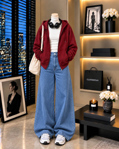 Zipper Hoodie, White Rib Net Highneck & Mid blue Wide-Leg Jeans as Pack of Threes