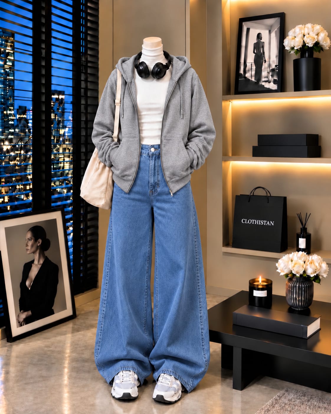 Zipper Hoodie, White Rib Net Highneck & Mid blue Wide-Leg Jeans as Pack of Threes