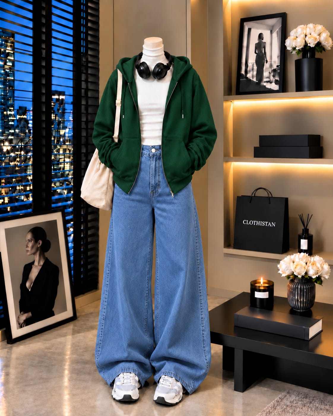 Zipper Hoodie, White Rib Net Highneck & Mid blue Wide-Leg Jeans as Pack of Threes