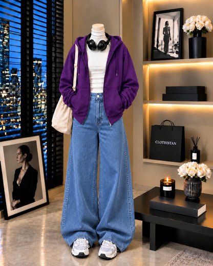 Zipper Hoodie, White Rib Net Highneck & Mid blue Wide-Leg Jeans as Pack of Threes