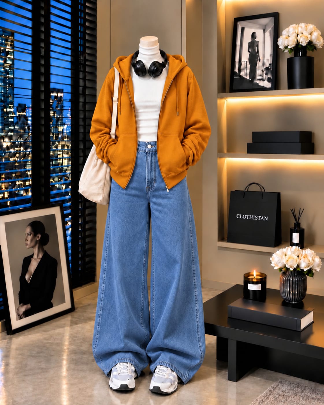 Zipper Hoodie, White Rib Net Highneck & Mid blue Wide-Leg Jeans as Pack of Threes
