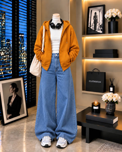 Zipper Hoodie, White Rib Net Highneck & Mid blue Wide-Leg Jeans as Pack of Threes