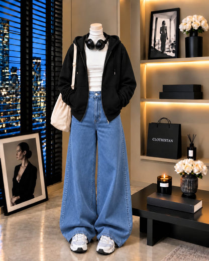 Zipper Hoodie, White Rib Net Highneck & Mid blue Wide-Leg Jeans as Pack of Threes