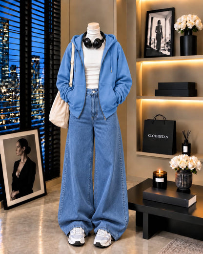 Zipper Hoodie, White Rib Net Highneck & Mid blue Wide-Leg Jeans as Pack of Threes