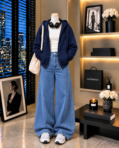 Zipper Hoodie, White Rib Net Highneck & Mid blue Wide-Leg Jeans as Pack of Threes