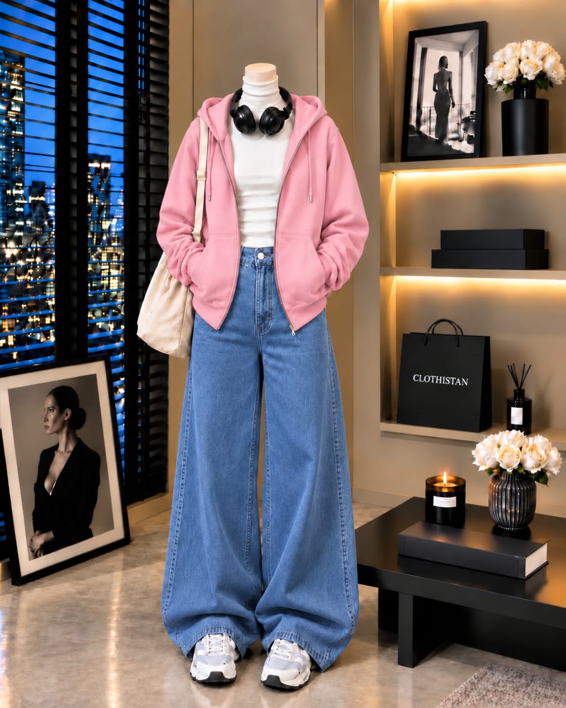 Zipper Hoodie, White Rib Net Highneck & Mid blue Wide-Leg Jeans as Pack of Threes