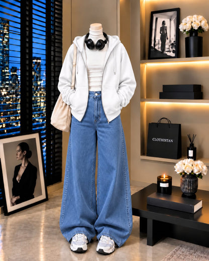 Zipper Hoodie, White Rib Net Highneck & Mid blue Wide-Leg Jeans as Pack of Threes