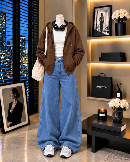 Zipper Hoodie, White Rib Net Highneck & Mid blue Wide-Leg Jeans as Pack of Threes