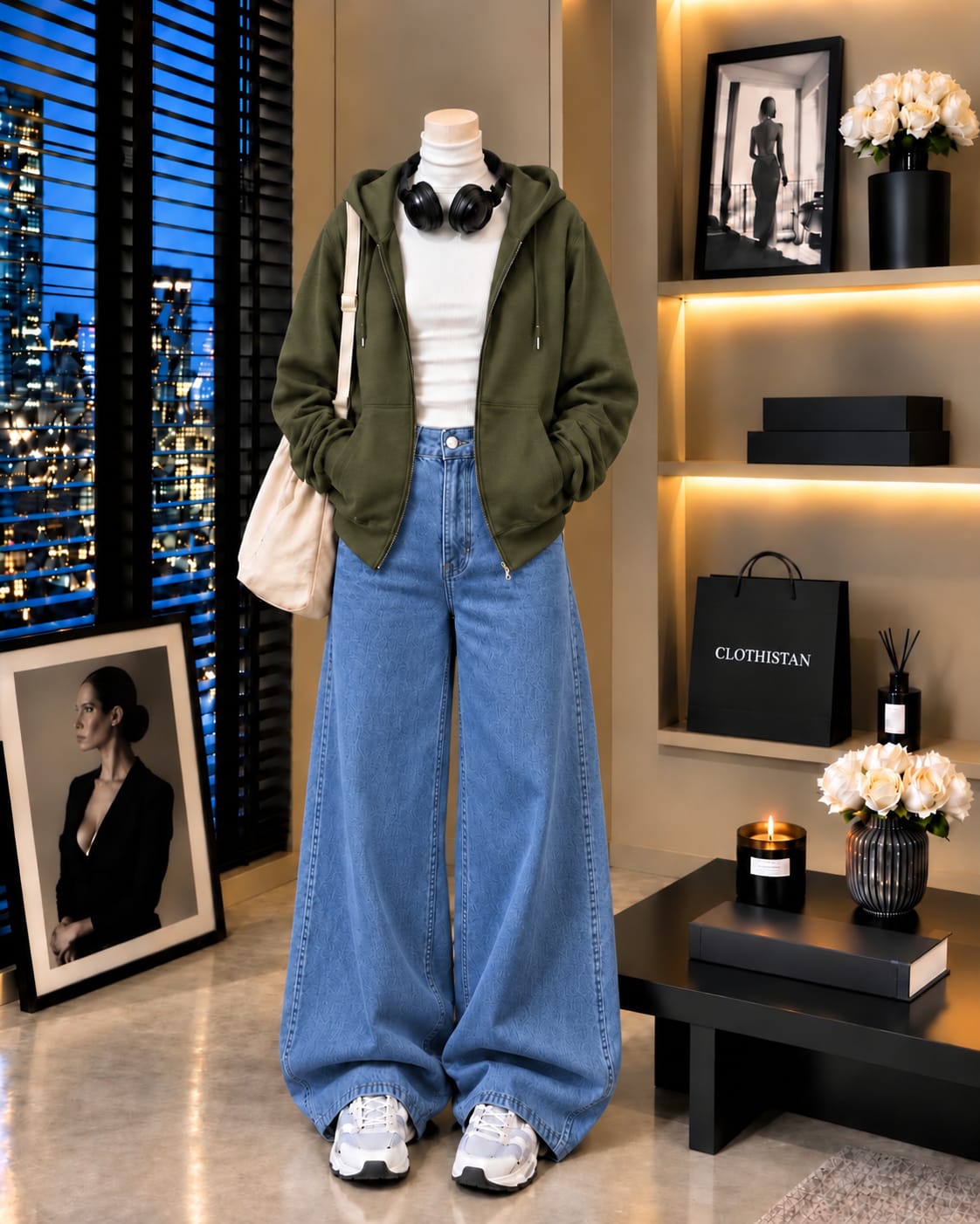 Zipper Hoodie, White Rib Net Highneck & Mid blue Wide-Leg Jeans as Pack of Threes