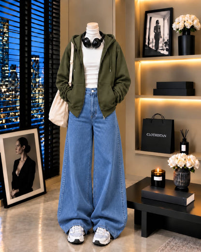 Zipper Hoodie, White Rib Net Highneck & Mid blue Wide-Leg Jeans as Pack of Threes
