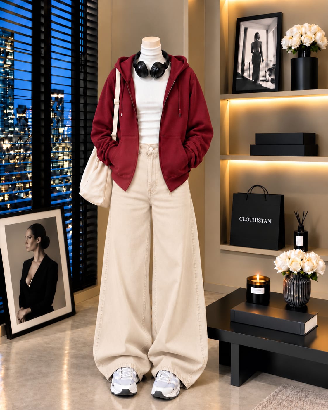 Zipper Hoodie, White Rib Net Highneck & Skin  Wide-Leg Jeans as Pack of Threes