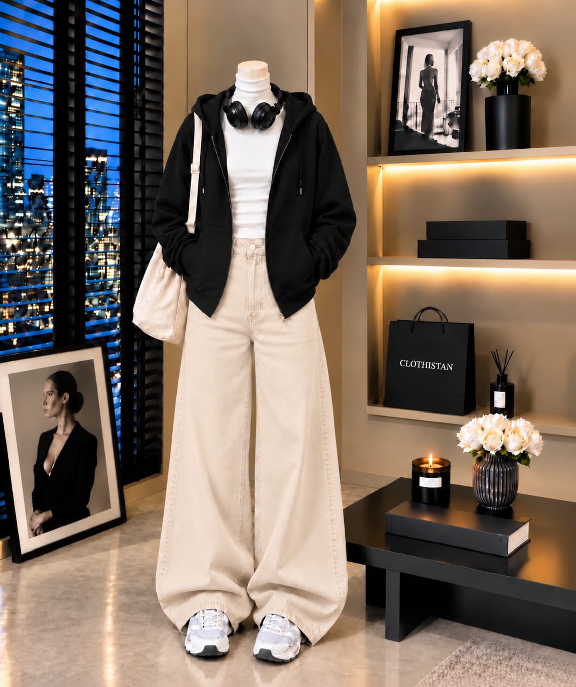 Zipper Hoodie, White Rib Net Highneck & Skin  Wide-Leg Jeans as Pack of Threes