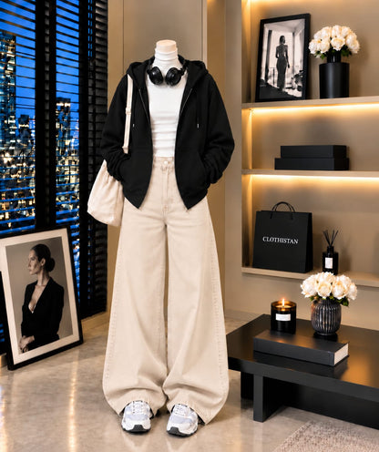 Zipper Hoodie, White Rib Net Highneck & Skin  Wide-Leg Jeans as Pack of Threes