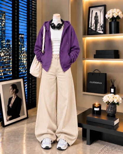 Zipper Hoodie, White Rib Net Highneck & Skin  Wide-Leg Jeans as Pack of Threes