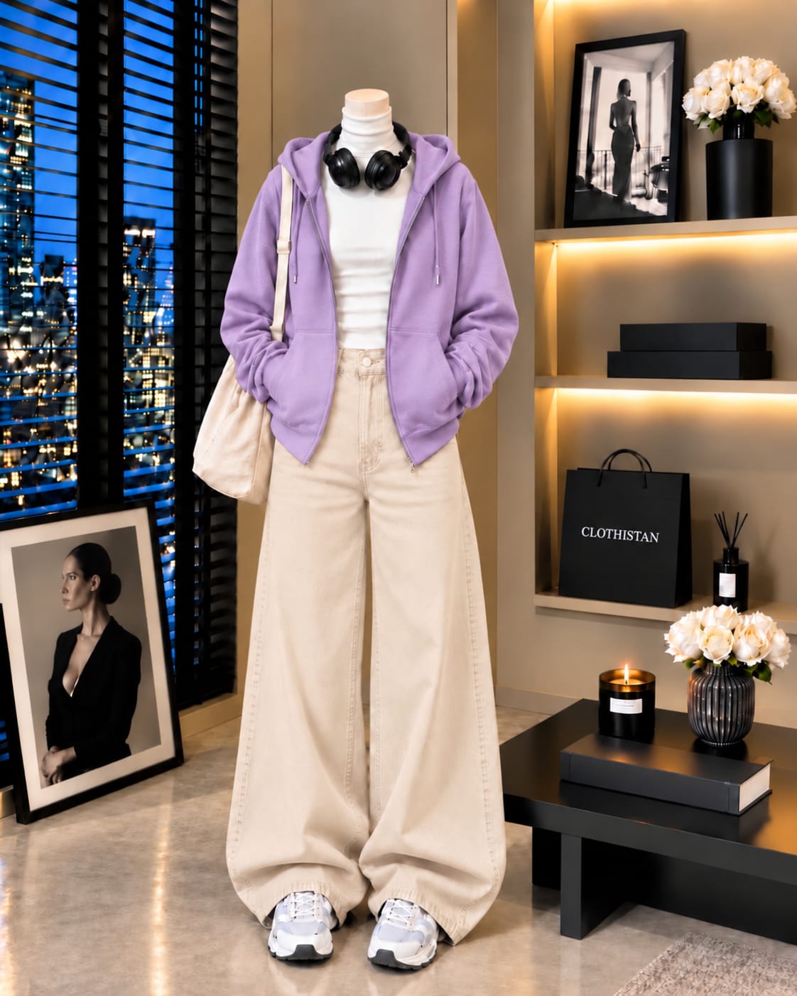 Zipper Hoodie, White Rib Net Highneck & Skin  Wide-Leg Jeans as Pack of Threes