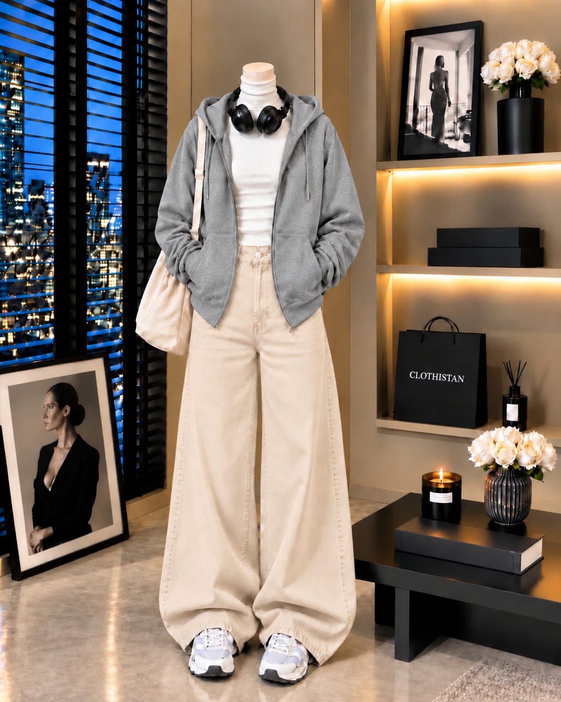 Zipper Hoodie, White Rib Net Highneck & Skin  Wide-Leg Jeans as Pack of Threes