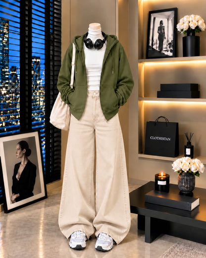 Zipper Hoodie, White Rib Net Highneck & Skin  Wide-Leg Jeans as Pack of Threes