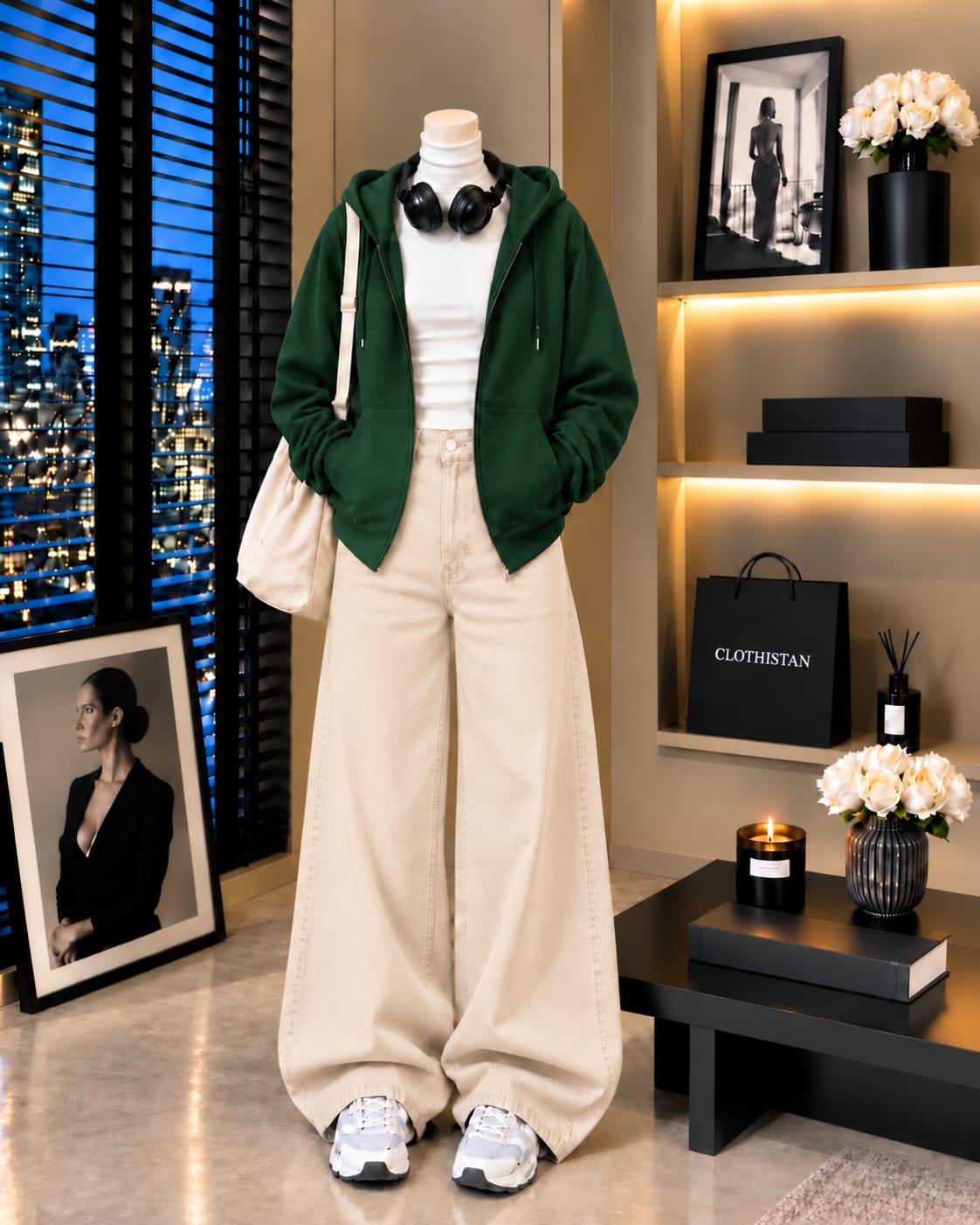 Zipper Hoodie, White Rib Net Highneck & Skin  Wide-Leg Jeans as Pack of Threes