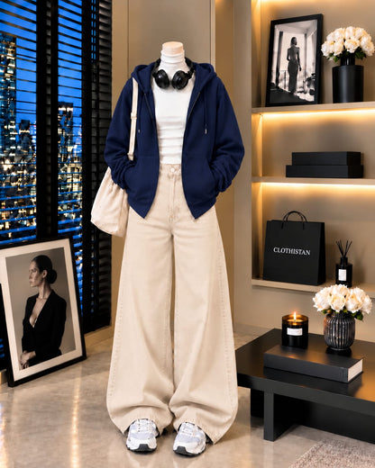 Zipper Hoodie, White Rib Net Highneck & Skin  Wide-Leg Jeans as Pack of Threes