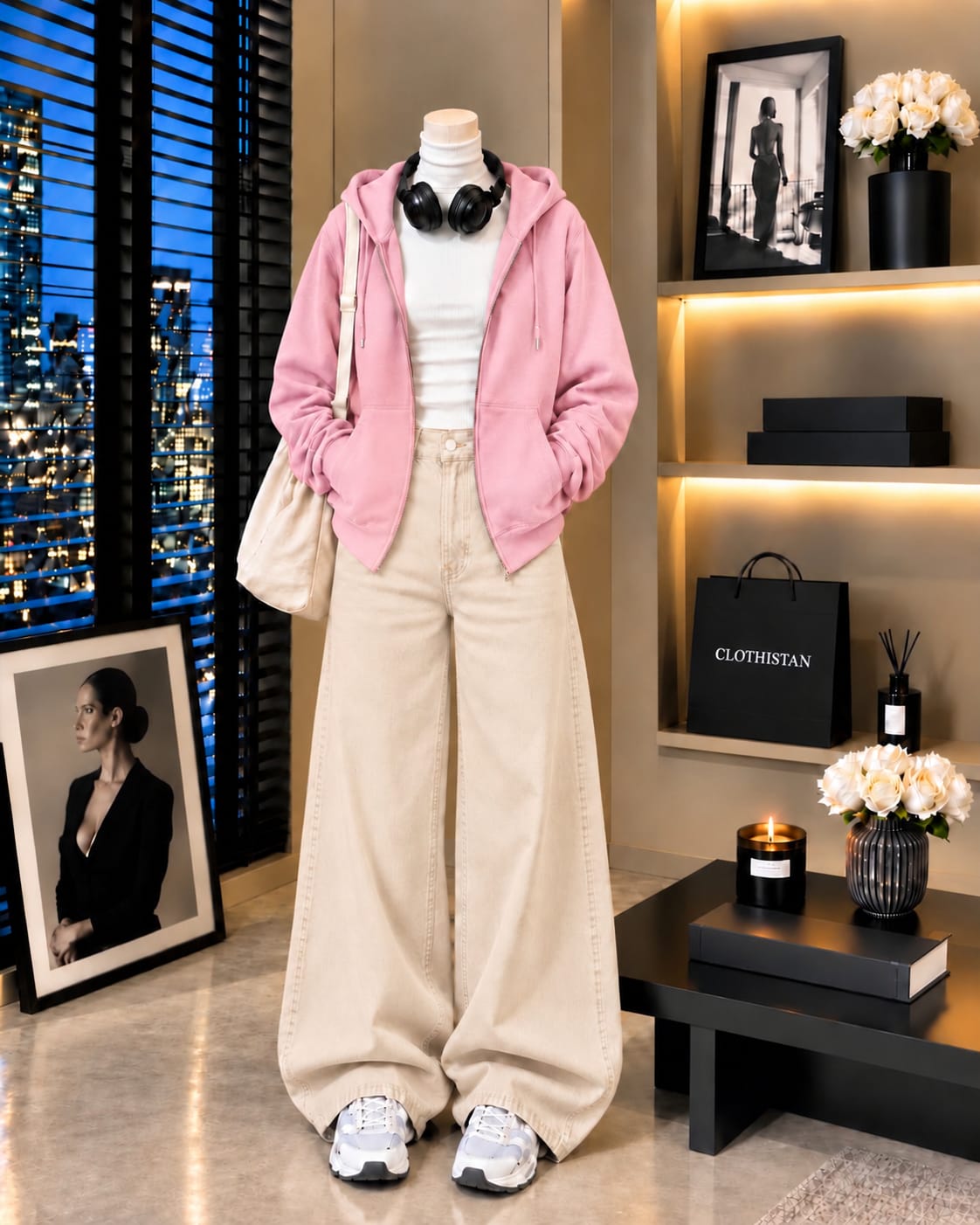 Zipper Hoodie, White Rib Net Highneck & Skin  Wide-Leg Jeans as Pack of Threes