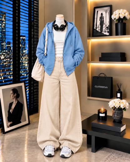 Zipper Hoodie, White Rib Net Highneck & Skin  Wide-Leg Jeans as Pack of Threes
