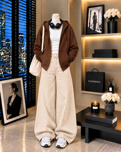 Zipper Hoodie, White Rib Net Highneck & Skin  Wide-Leg Jeans as Pack of Threes