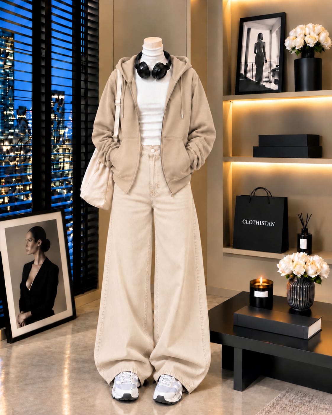 Zipper Hoodie, White Rib Net Highneck & Skin  Wide-Leg Jeans as Pack of Threes