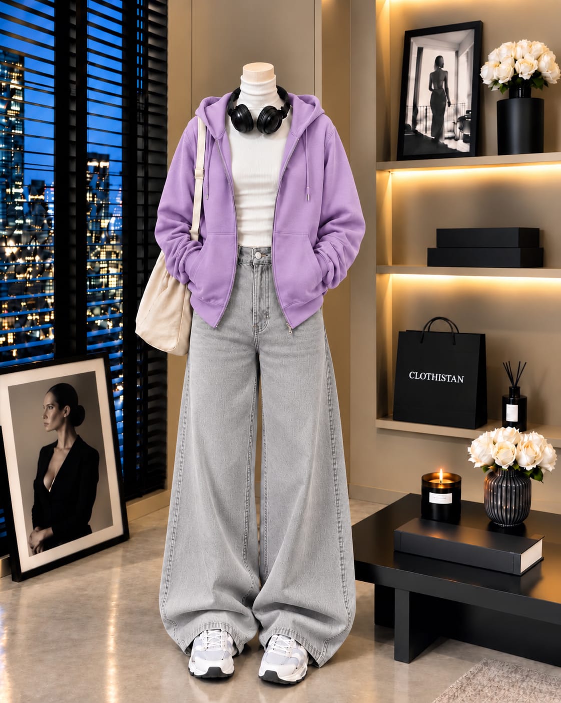 Zipper Hoodie, White Rib Net Highneck & Grey Wide-Leg Jeans as Pack of Threes