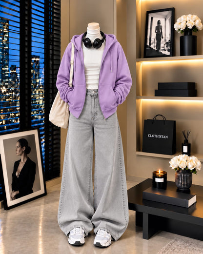 Zipper Hoodie, White Rib Net Highneck & Grey Wide-Leg Jeans as Pack of Threes