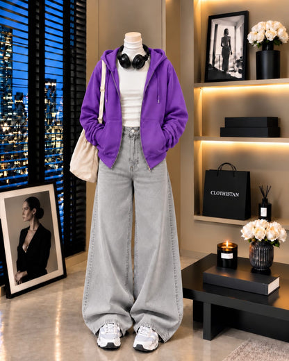 Zipper Hoodie, White Rib Net Highneck & Grey Wide-Leg Jeans as Pack of Threes